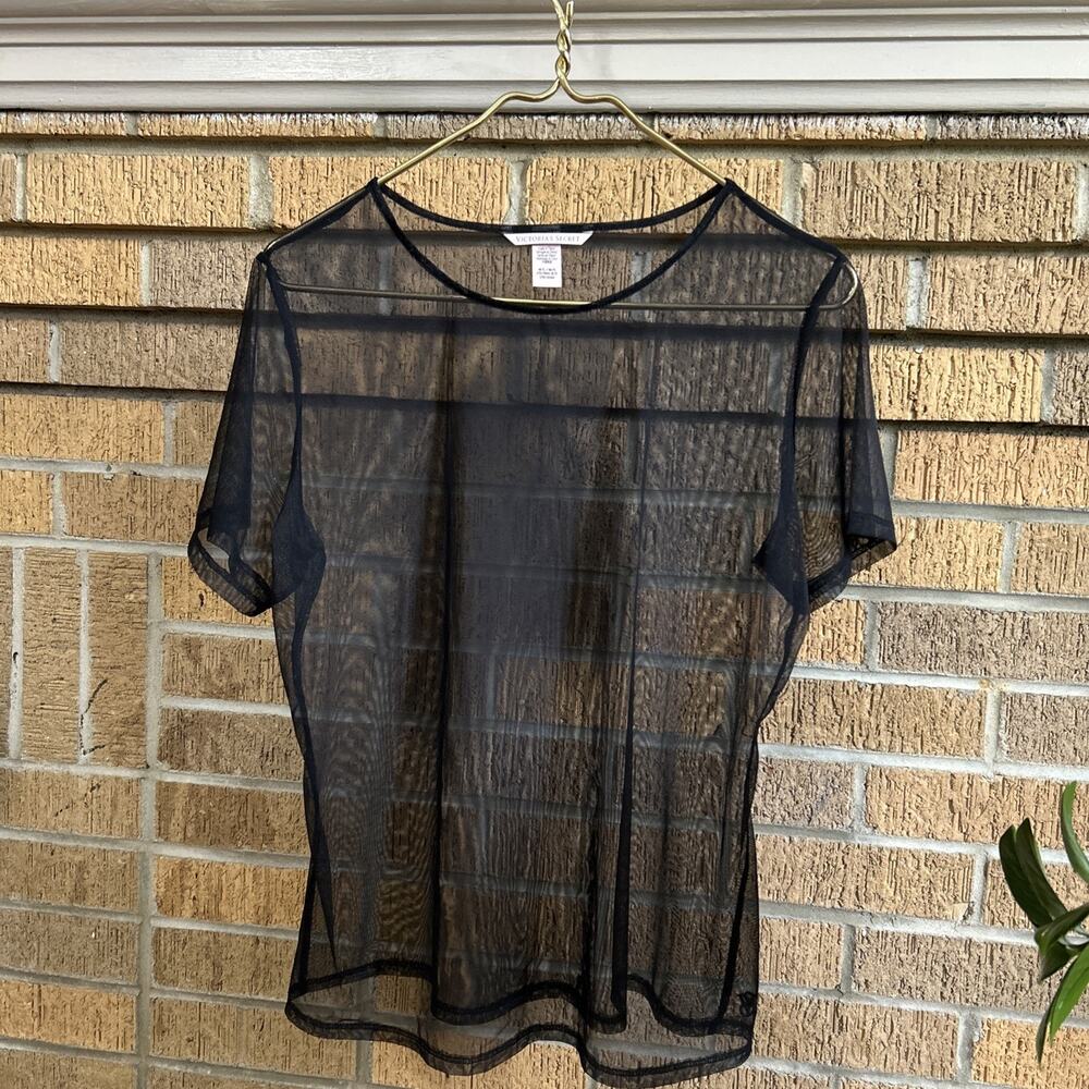 Victoria's Secret Crew Neck Sheer Mesh Top Shirt Size M/L Black Layering